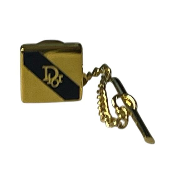 Christian Dior Gold Tone & Black Enamel Tie Tack Pin with Chain Vintage - Picture 1 of 5